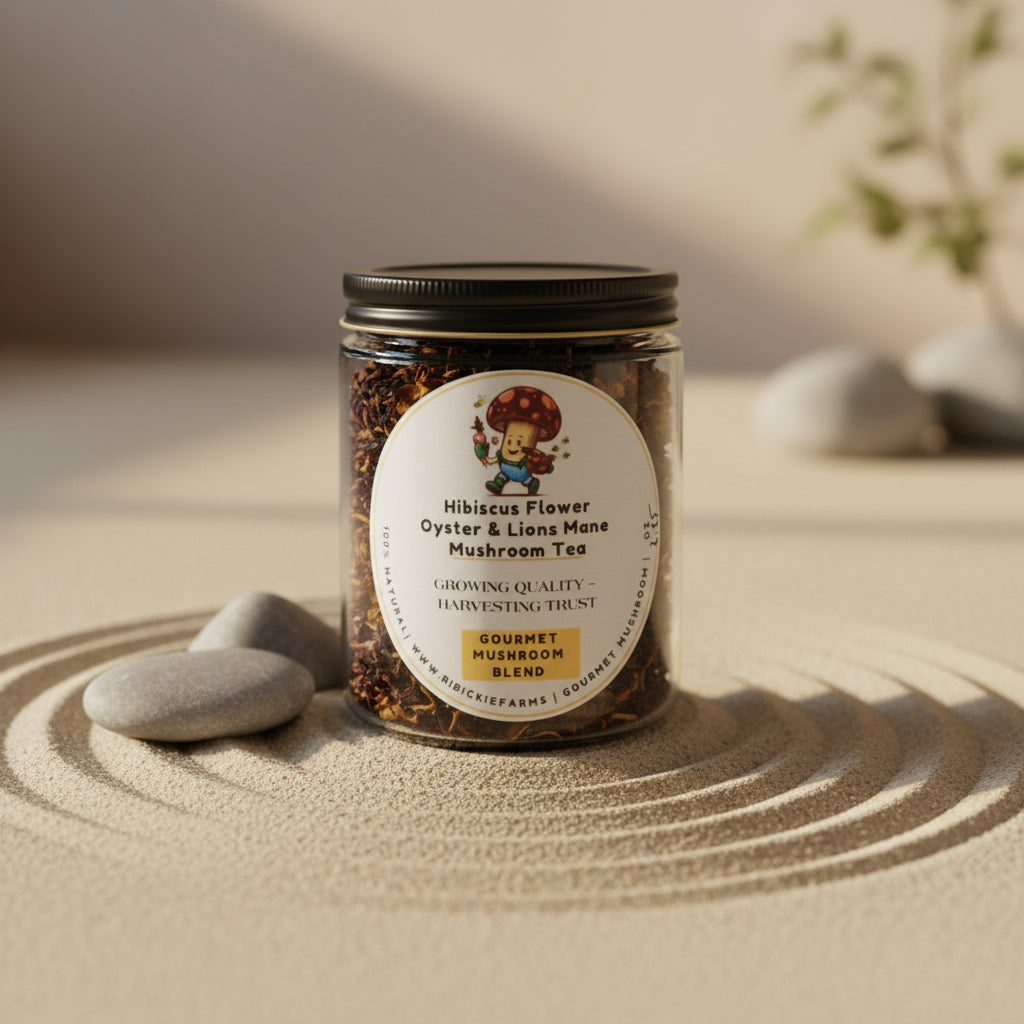 A dark glass jar of Hibiscus Flower Oyster & Lions Mane Mushroom Tea with a white oval label featuring a cartoon mushroom character and the brand name Ribickie Farms.