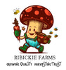 A cartoon logo for Ribickie Farms featuring a smiling mushroom character wearing green overalls and holding a carrot and a basket of produce, with bees around it and the text 'RIBICKIE FARMS' and 'GROWING QUALITY HARVESTING TRUST' below on a white background.