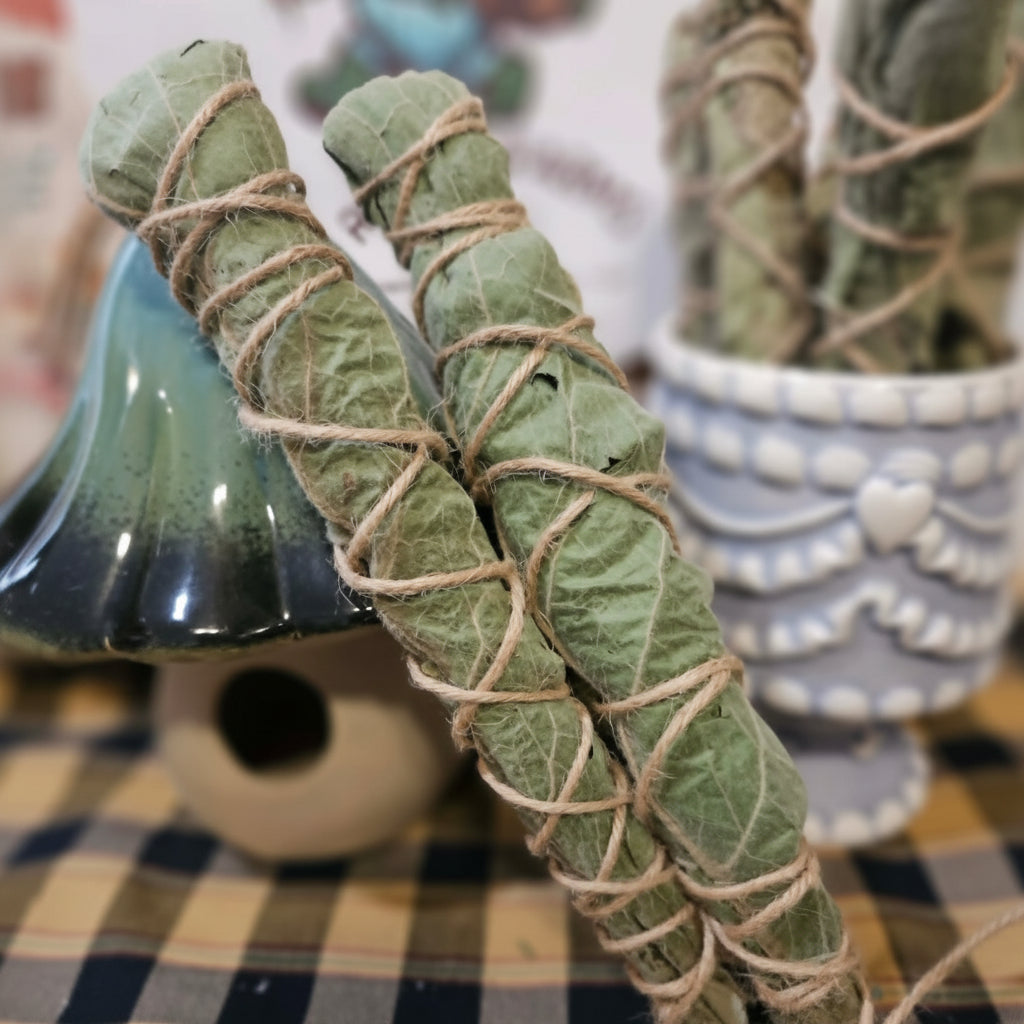Freshly Harvested Dried Sage & Mullien leaf bundles wrapped in natural twine.